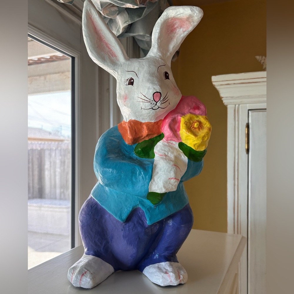 Vintage Paper Machete Rabbit Sculpture with Flowers